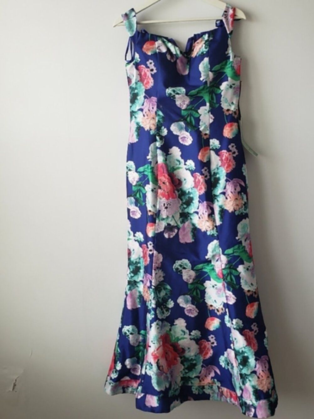 My Michelle blue floral lace up back off shoulder mermaid gown size 11